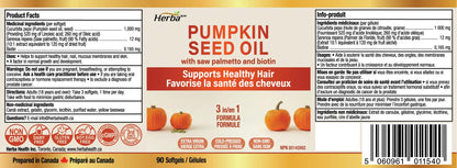 Herba Pumpkin Seed Oil Capsules for Hair - 90 Softgels | 3 in 1 with Saw Palmetto and Biotin | Cold Pressed, Extra Virgin, and Non GMO | Made in Canada - Available at All In One Marketplace Canada