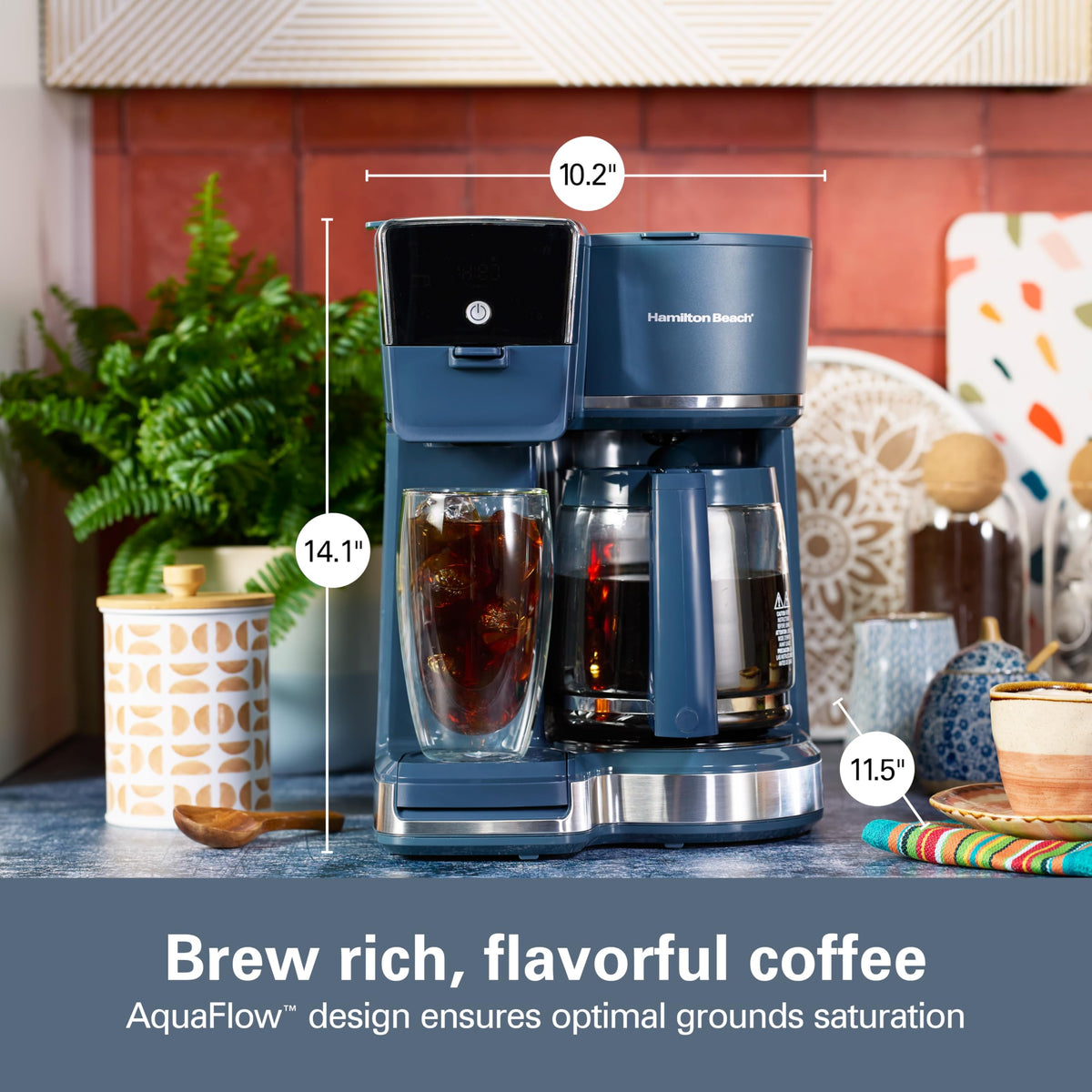 Hamilton Beach 2-Way Programmable Iced/Hot Coffee Maker, Single-Serve and 12 Cup Glass Carafe, LED Screen, Kitchen Makeover Blue, 47502J