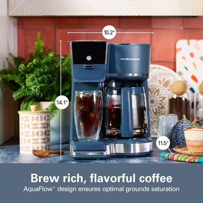 Hamilton Beach 2-Way Programmable Iced/Hot Coffee Maker, Single-Serve and 12 Cup Glass Carafe, LED Screen, Kitchen Makeover Blue, 47502J