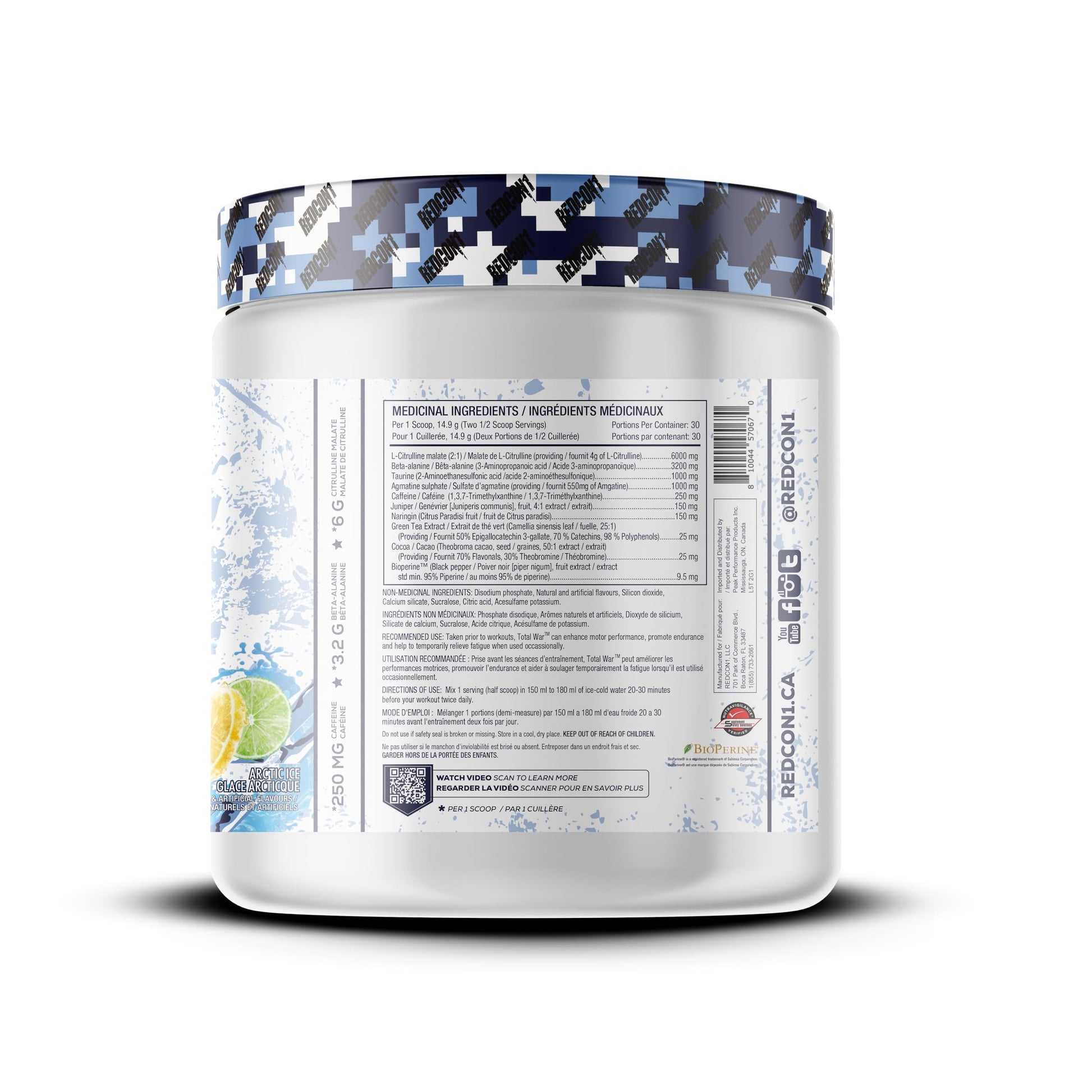 REDCON1 Total War Pre Workout Powder, Arctic Ice - Beta Alanine + Citrulline Malate Vegan & Keto Friendly Preworkout for Men & Women with 250mg of Caffeine - Fast Acting HMB (30 Servings) Redcon1