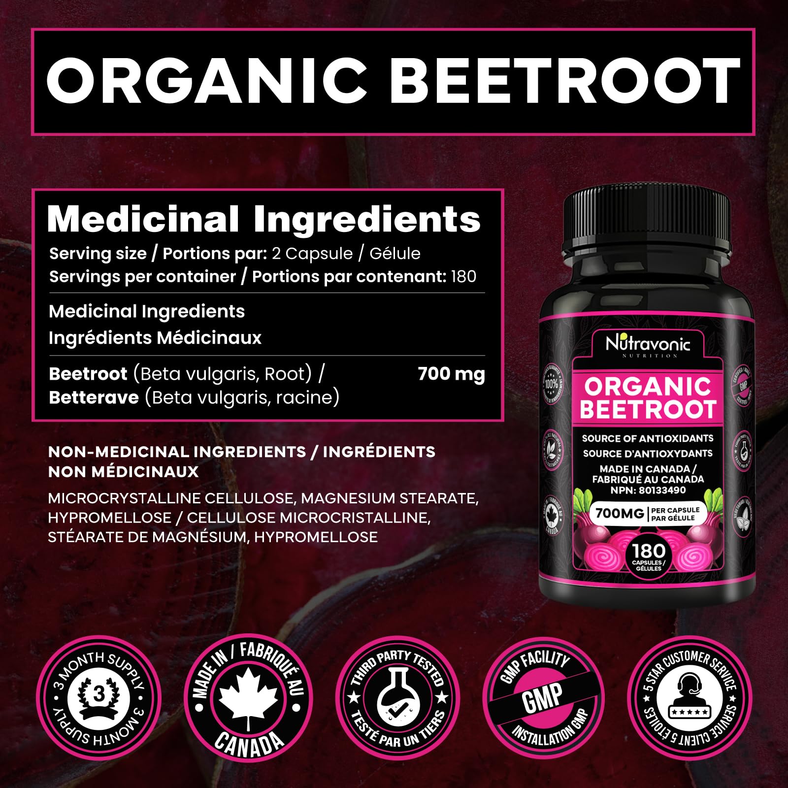 *BONUS SIZE* 180 Capsules of High Potency Organic Beetroot Capsules | 1,400mg per serving (700mg per capsule x2) Canadian Made Beet Root Powder | Antioxidant Support | Support Active Energy Lifestyle | A Natural Super Food | Quality Assured - Available at All In One Marketplace Canada