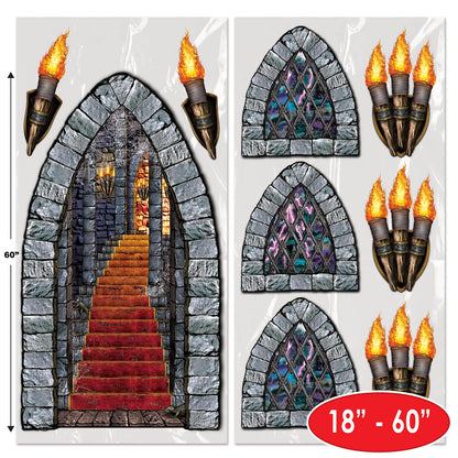 Beistle Medieval Stairway, Window & Torch Props, 9 Images, Haunted Castle Wall Decorations, Spooky Gothic Scene for Halloween Parties & Dungeon Themes, Printed Plastic Cutouts, 18” to 60”
