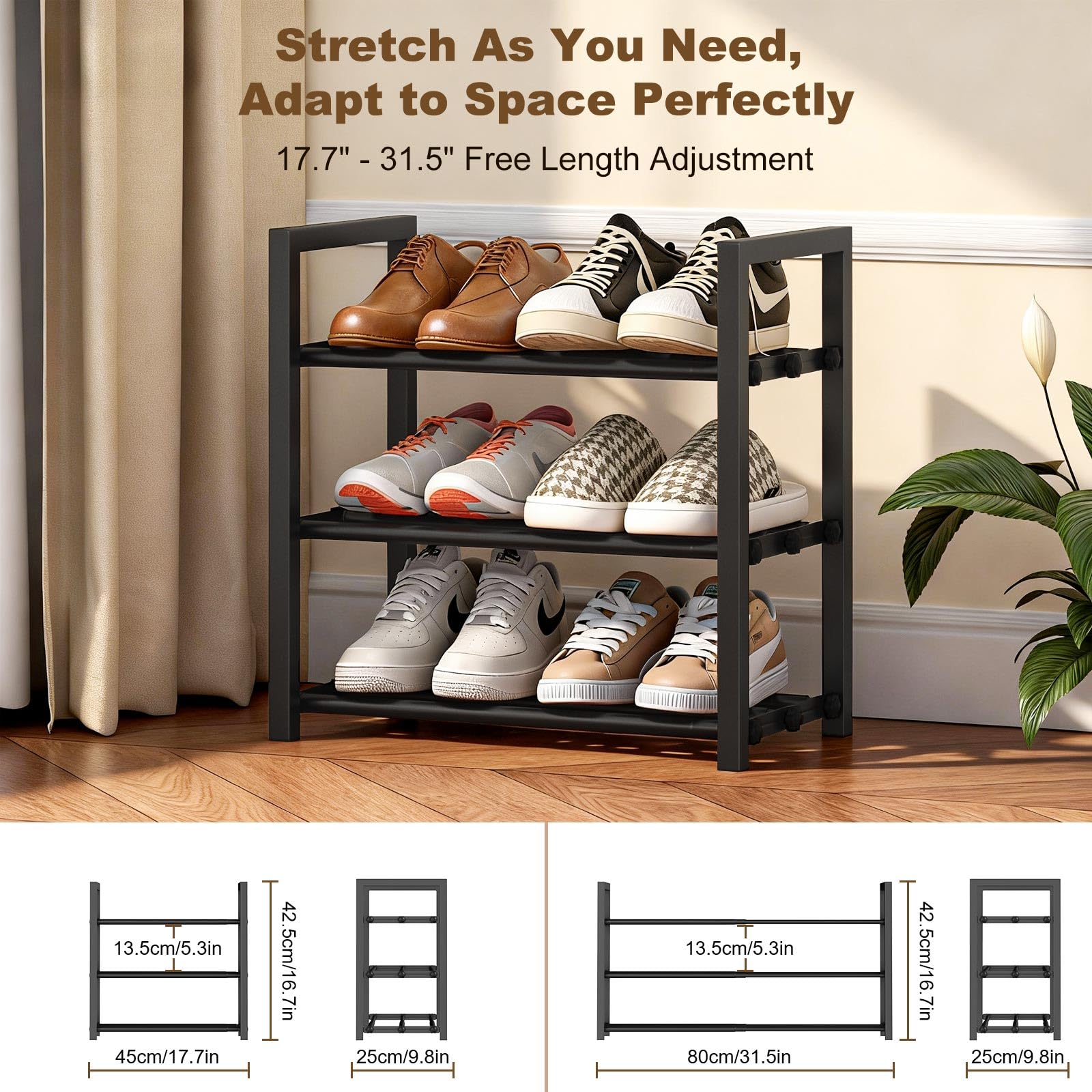 Roylvan 3-Tire Expandable Shoe Rack, 17"-31" Adjustable Stackable Free Standing Shoe Shelf Storage Fits 6-12 Pairs Shoes, Heavy Duty Reinforced Metal Shoes Organizer for Closet Entryway Doorway Dorm - Available at All In One Marketplace Canada
