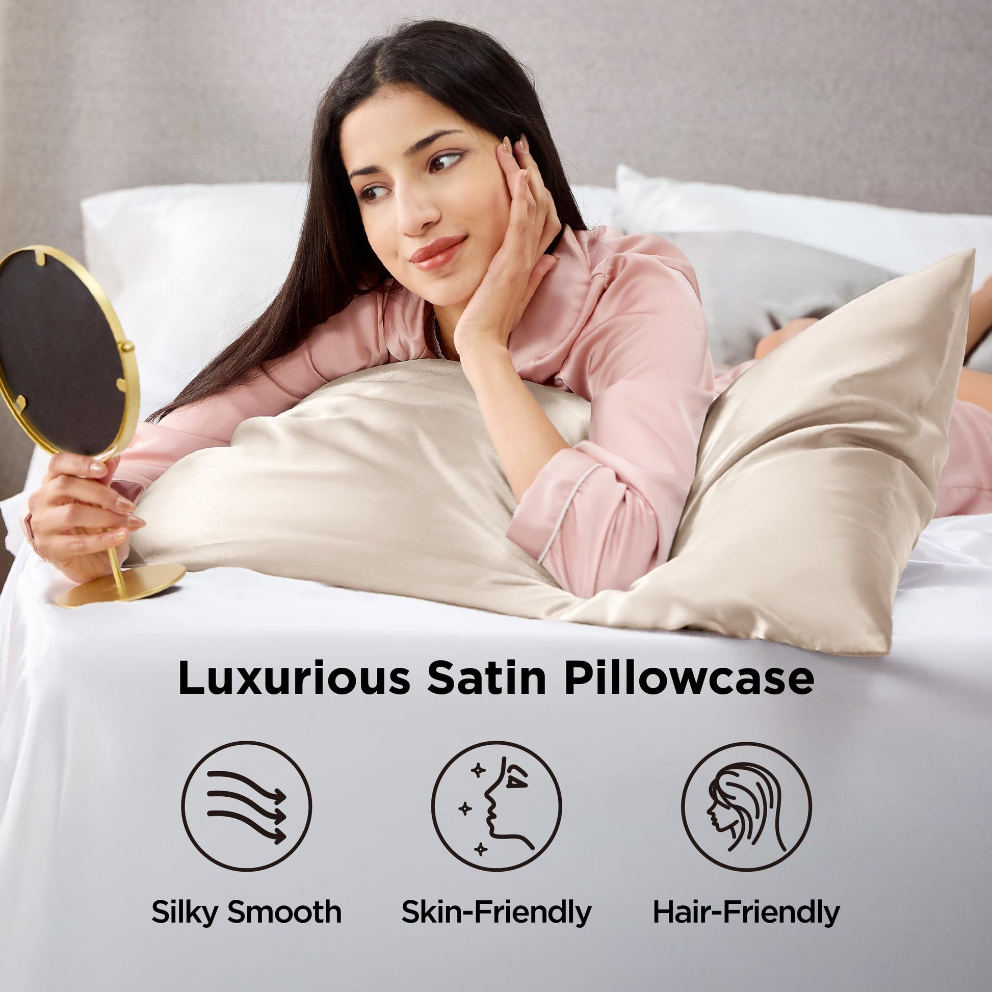 Bedsure Satin Pillow Cases Queen Size 2 Pack - Similar to Silk Pillow Cases, Silky Pillowcase Covers for Hair and Skin with Envelope Closure, Gifts for Women Men, Beige, 20x30 Inches