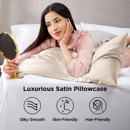 Bedsure Satin Pillow Cases Queen Size 2 Pack - Similar to Silk Pillow Cases, Silky Pillowcase Covers for Hair and Skin with Envelope Closure, Gifts for Women Men, Beige, 20x30 Inches