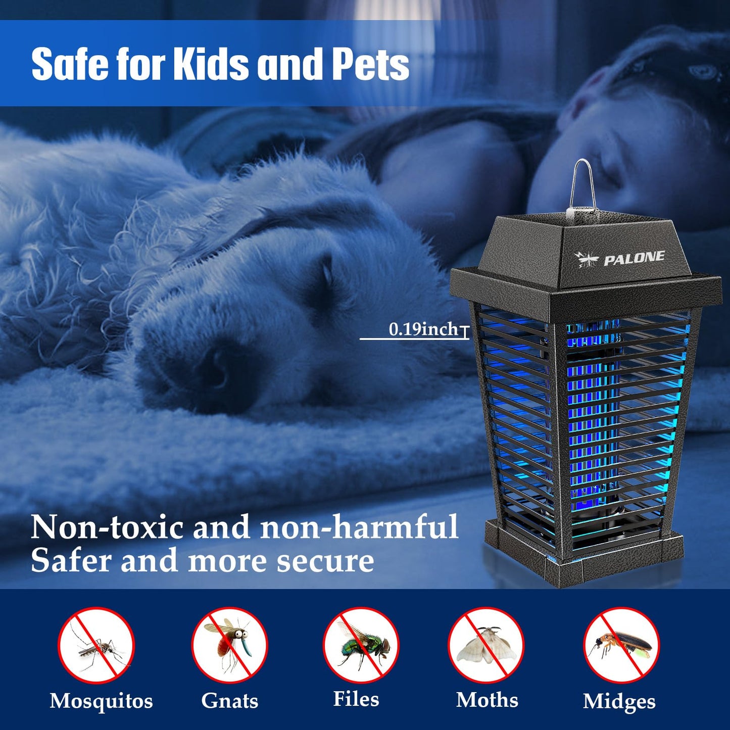 PALONE Bug Zapper with 4500V, USB-C and Solar Panel Dual Charging, Waterproof Bug Zapper with 7.5W Solar Charging Panel, Suitable for Camping Outdoor