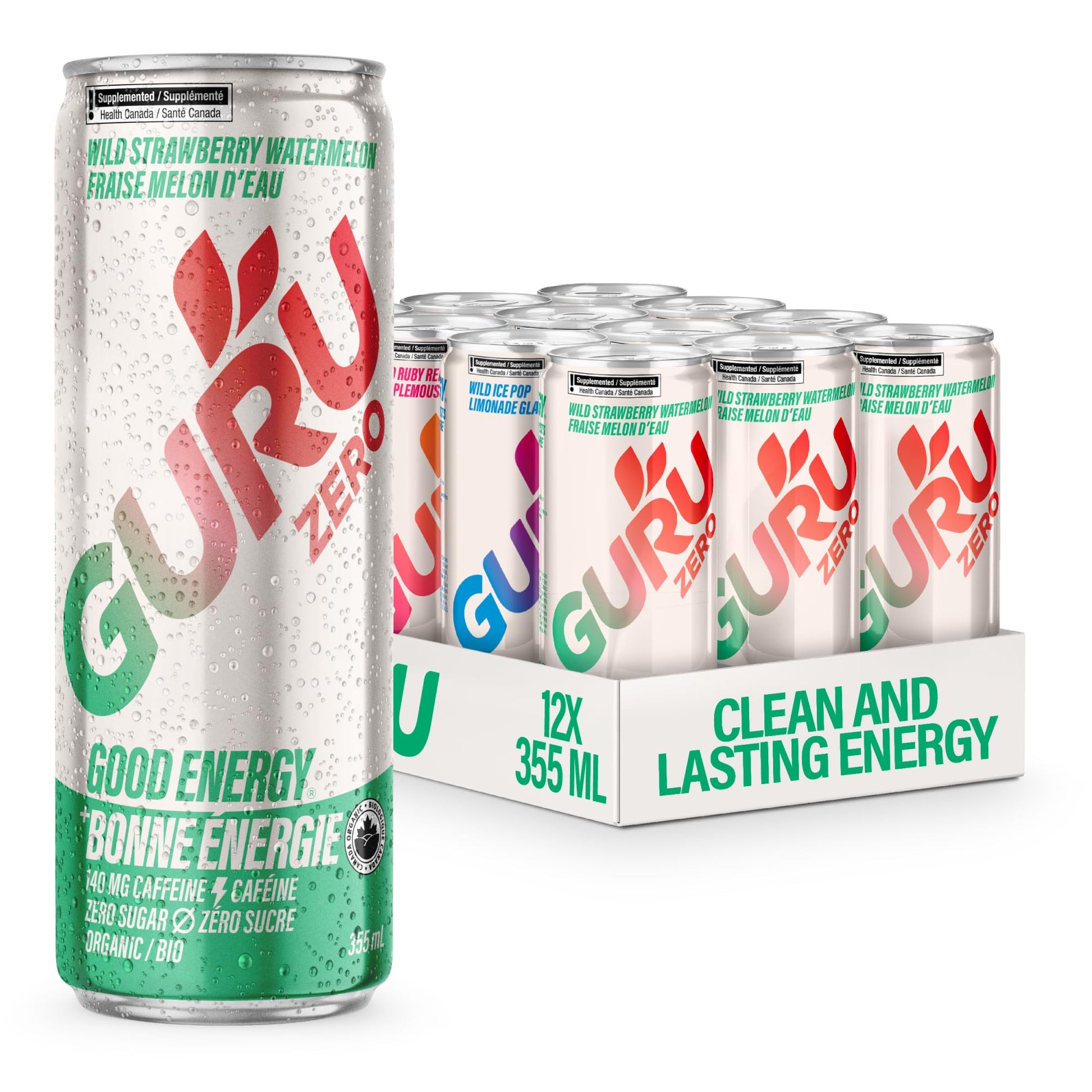 GURU ZERO SUGAR Organic Energy Drink Variety Pack – Plant-Based Caffeine, 140mg per 355mL, 12-Pack
