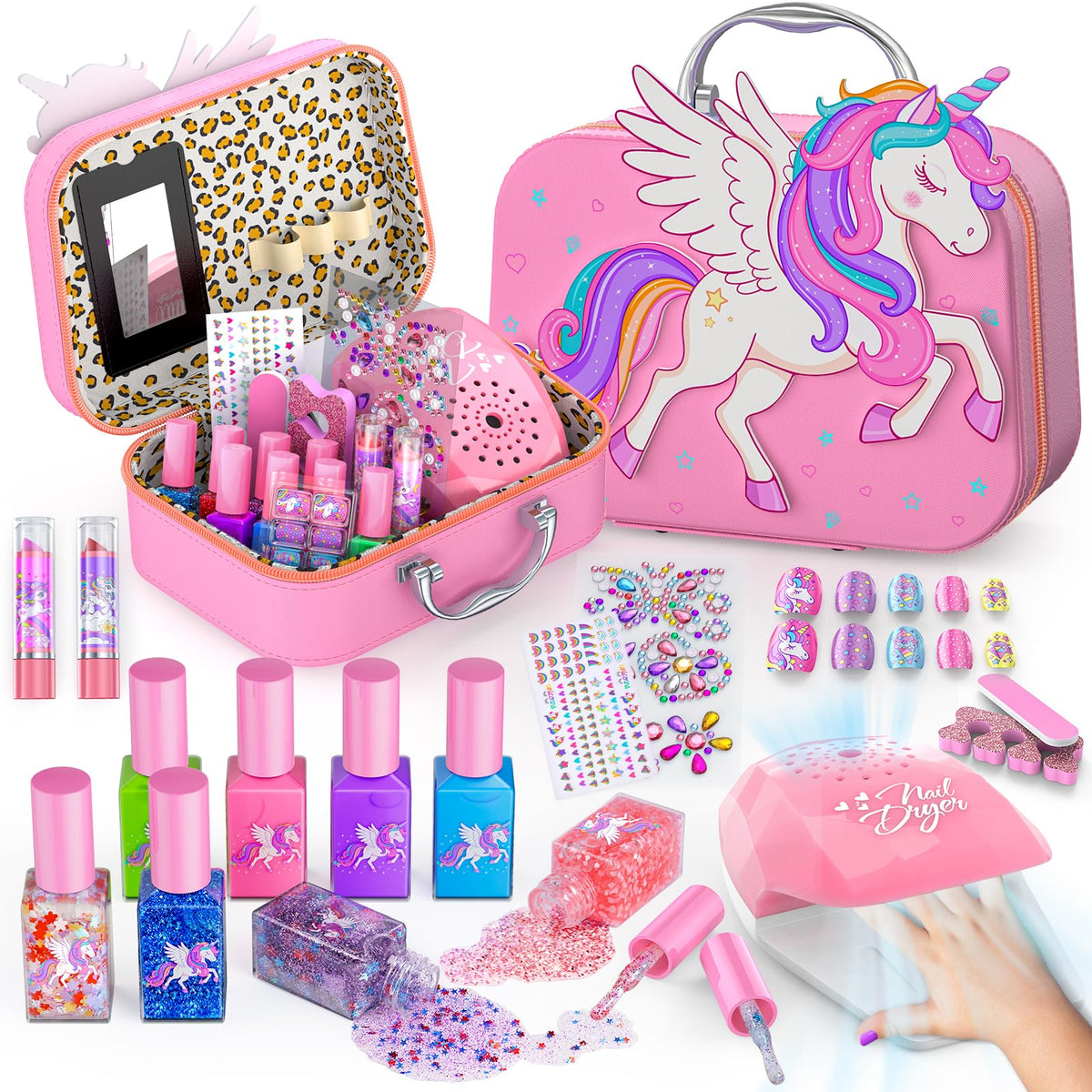 Glisiol Kids Nail Polish Set for Girls Toys, Washable Quick-Dry Toddler Nail Art Kit with Air Cooling Dryer and Cosmetic Case, Christmas or Birthday Gifts for Girls Ages 3 4 5 6 7 9 10 11 12-Pink 🍁 All In One Marketplace Canada