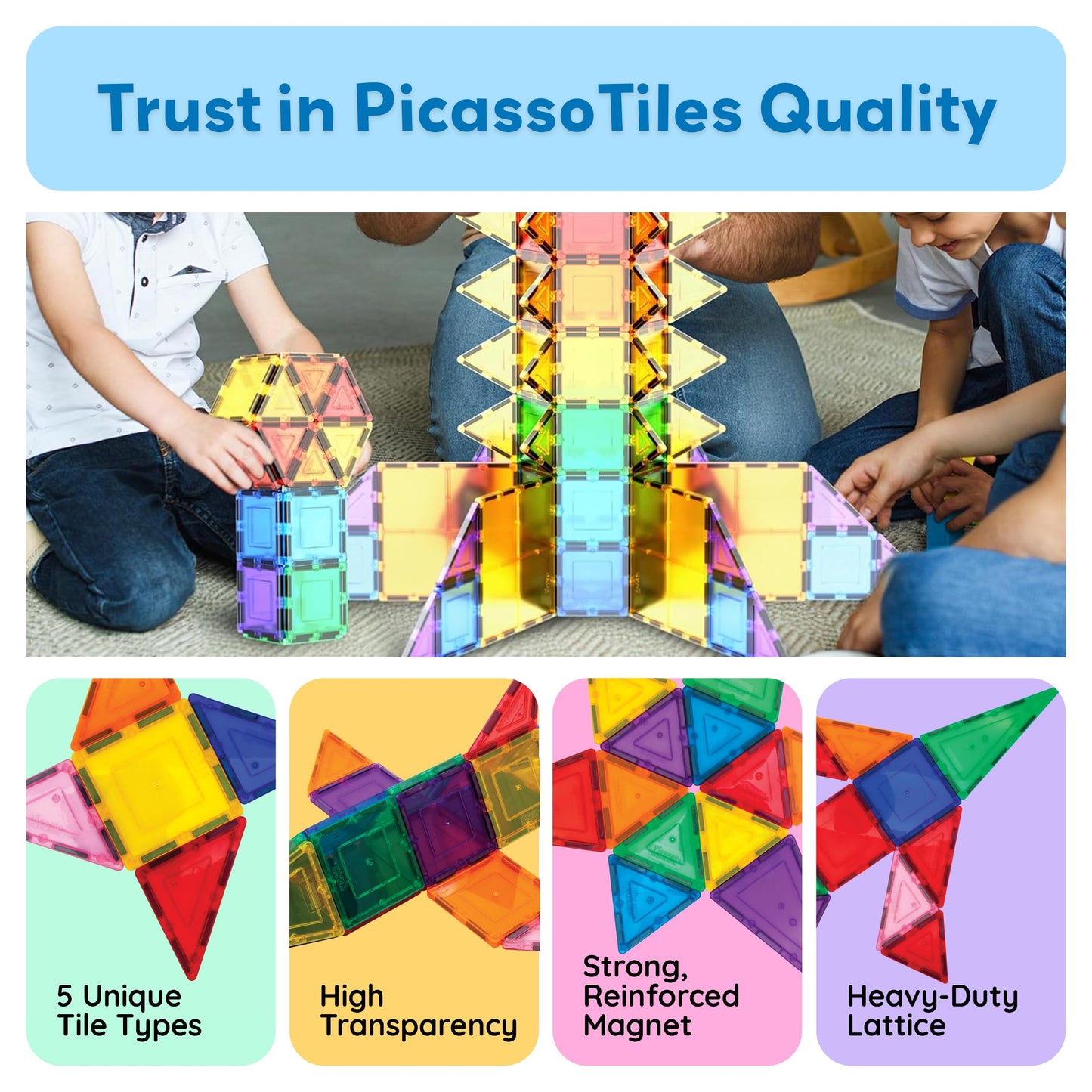 PicassoTiles 100 Piece Set 100pcs Magnet Building Tiles Clear Magnetic 3D Building Blocks Construction Playboards, Creativity beyond Imagination, Inspirational, Recreational, Educational Conventional