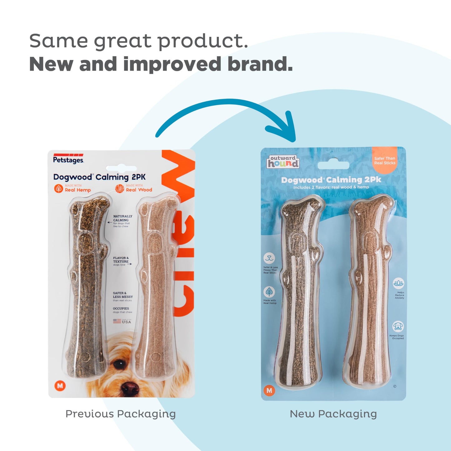 Outward Hound Dogwood Wood Durable Dog Chew Toys, Real Wood & Calming Hemp, 2-Pack, Medium Pupstages