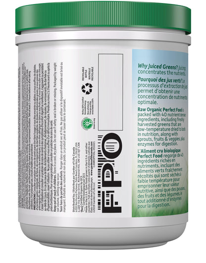 Garden of Life Raw Organic Perfect Food Green Superfood Original 207 gram."Raw Organic Perfect Food is packed with 40 nutrient-dense ingredients, including freshly harvested greens that are low-temperature dried to lock in nutrition, along with sprouts, f