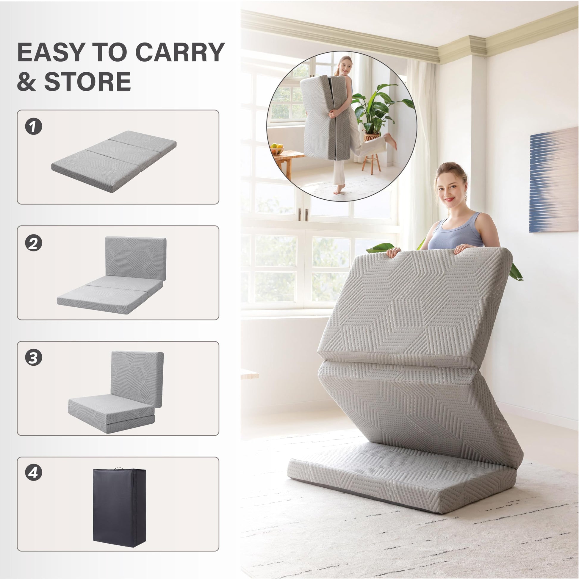 Tri-Fold Memory Foam Mattress, 4 inch Twin Folding Mattress MLILY