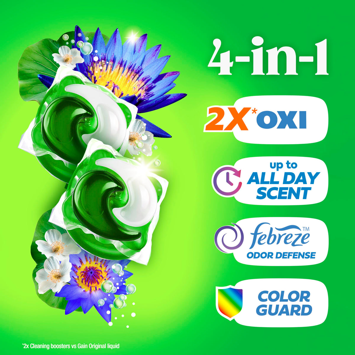 Gain Flings Ultra Oxi Laundry Detergent Pacs, 76 Count, Waterfall Delight Scent, with Odour Defense, concentrated laundry soap pacs