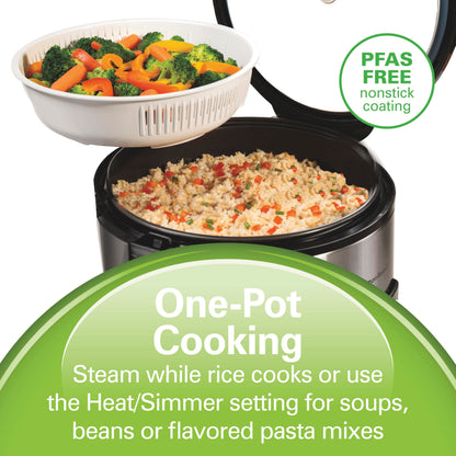 Hamilton Beach Digital Programmable Rice Cooker & Food Steamer, 14 Cups Cooked (7 Cups Uncooked), Stainless Steel, Steam & Rinse Basket, Delay Start, Model 37548MN - Available at All In One Marketplace Canada