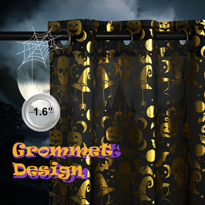 Rideaux d'Halloween NICETOWN, 84 pouces de long, rideaux transparents effrayants avec motifs de crânes, décorations de fête avec squelettes et citrouilles, habillage de fenêtre pour intérieur et extérieur, design à œillets, L52 x H84, noir, 2 panneaux