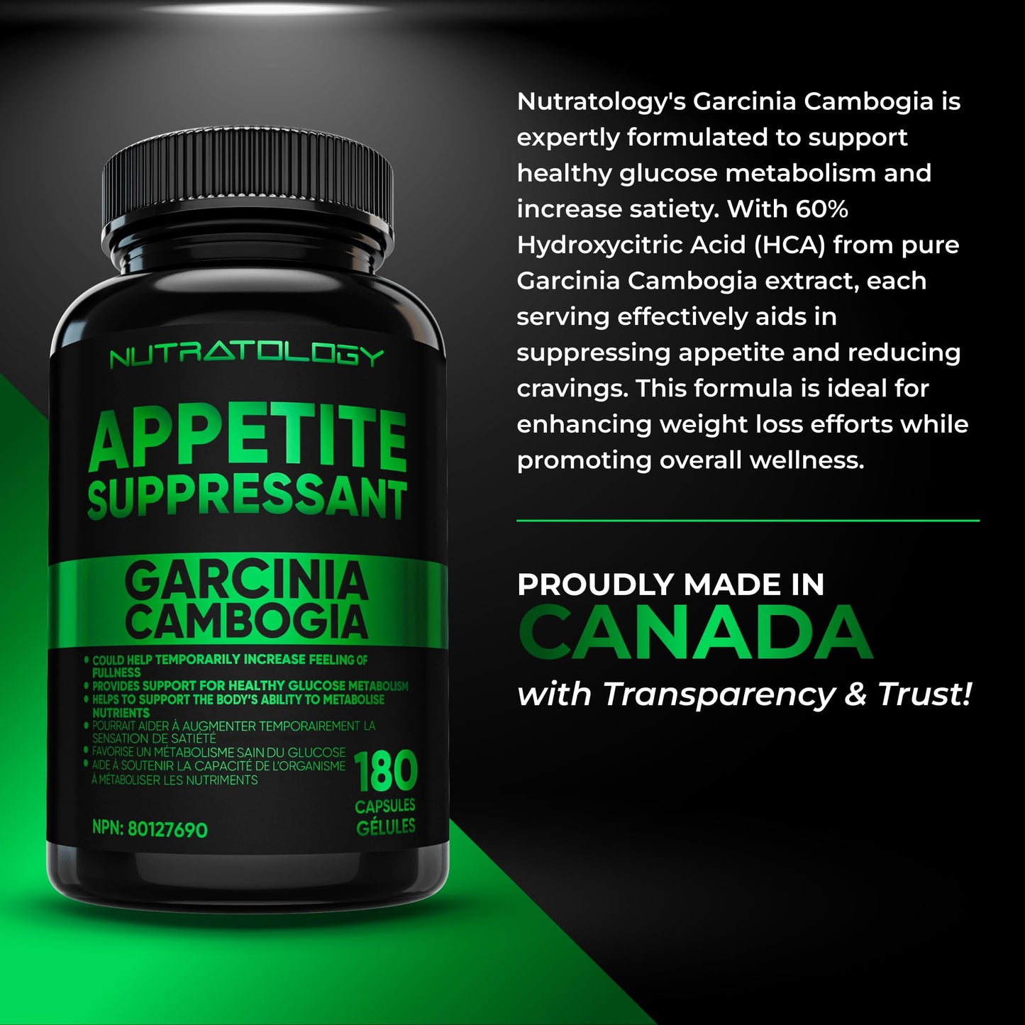 Nutratology® Garcinia Cambogia Appetite Suppressant Weight Loss For Women & Men | Canadian-Made | 500 MG Per Capsule | 60% HCA - Increase Feelings of Fullness & Maintain Blood Sugar Levels - 180 Count - Available at All In One Marketplace Canada