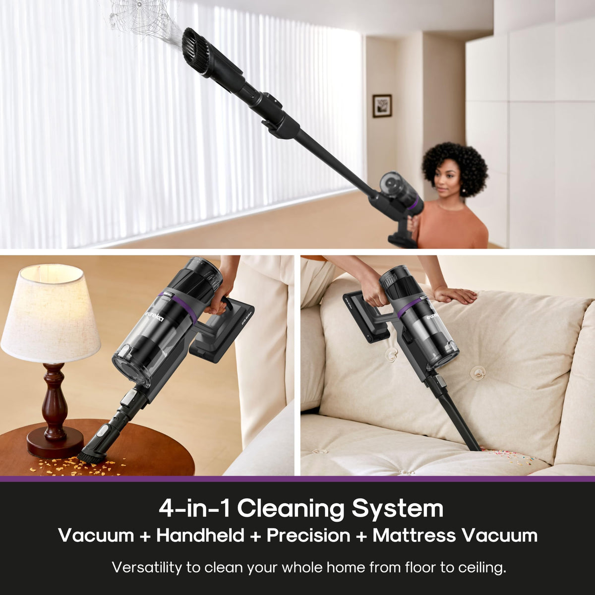 Eureka Cordless Vacuum Cleaner Powerful for Hard Floor and Pet Hair, Lightweight Portable Convenient Cordless Stick and Handheld Vacuum LED Headlight, Black, ReactiClean NEC440BK w/Anti-Tangle Brush