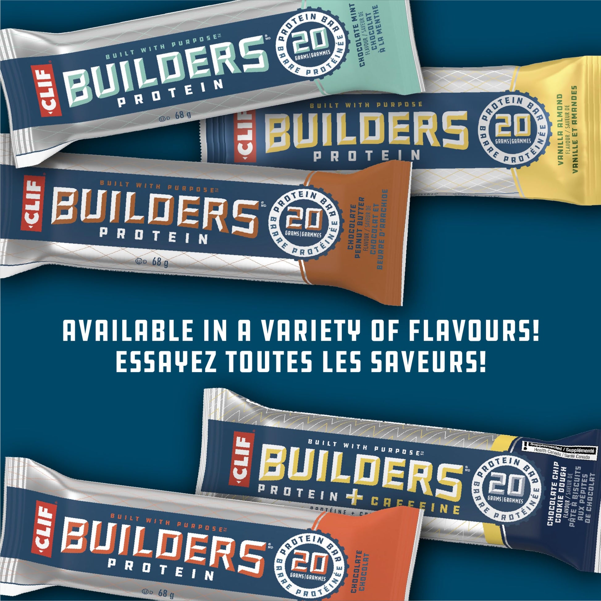 CLIF BUILDERS Protein Bars – Chocolate Chip Cookie Dough, 20g Plant Protein, Gluten Free, Non-GMO, Made in Canada, 68g Bar (Pack of 12)