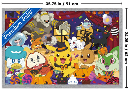 Pokémon: Halloween Party- Group Wall Poster, 34L" x 22.4W", Gray Framed Version