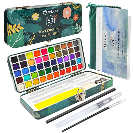 Artecho Watercolor Paint Set 50 Colors in Portable Box Including 4 Fluorescent Colors, Travel Watercolour Set with Watercolour Papers, Brushes and other Tools, Idea for Artists and Hobbyists - Available at All In One Marketplace Canada