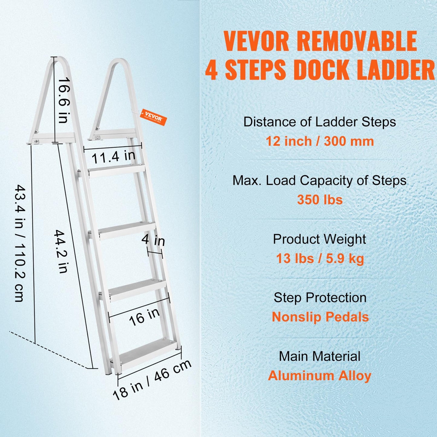 VEVOR Dock Ladder, Removable 4 Steps, 350 lbs Load Capacity, Aluminum Alloy Pontoon Boat Ladder with 4'' Wide Step & Nonslip Mat, Easy to Install for Ship/Lake/Pool/Marine Boarding VEVOR