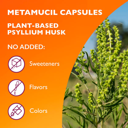 Metamucil Daily Fibre Supplement, Sugar Free, Naturally Sourced Psyllium Husk, Multi-Health Benefit Daily, Plant-Based, Gluten-Free Capsules, 100 Capsules