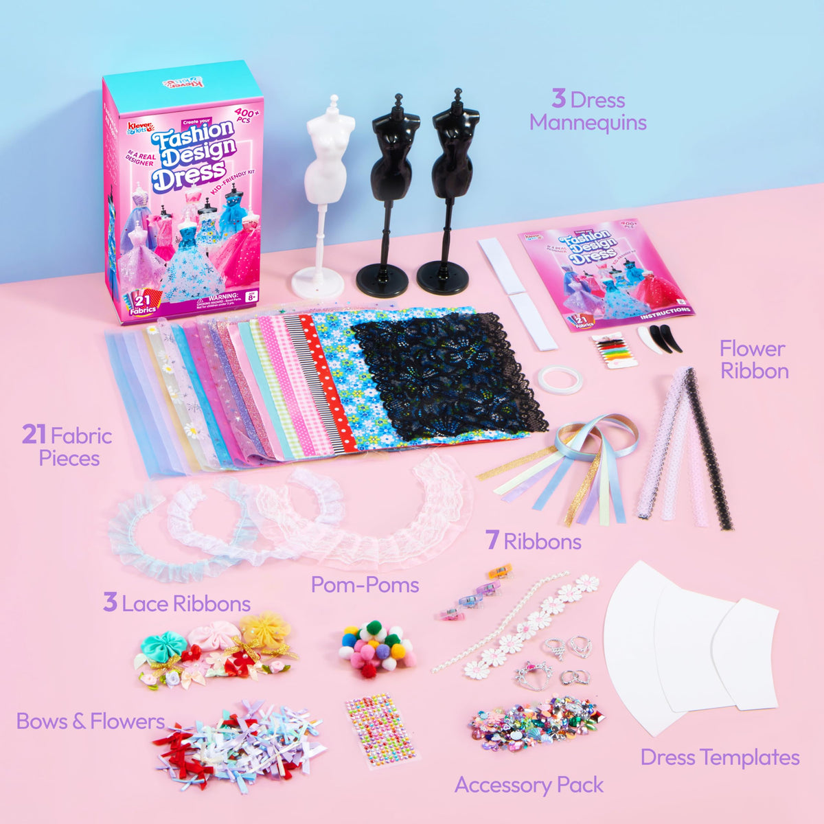 Klever Kits 400+PCS Fashion Design Crafts for Kids Art and Crafts Toy DIY Sewing Crafts with 3 Mannequins for Girls Aged 8-12，Christmas Toys Gifts for Kids 🍁 All In One Marketplace Canada