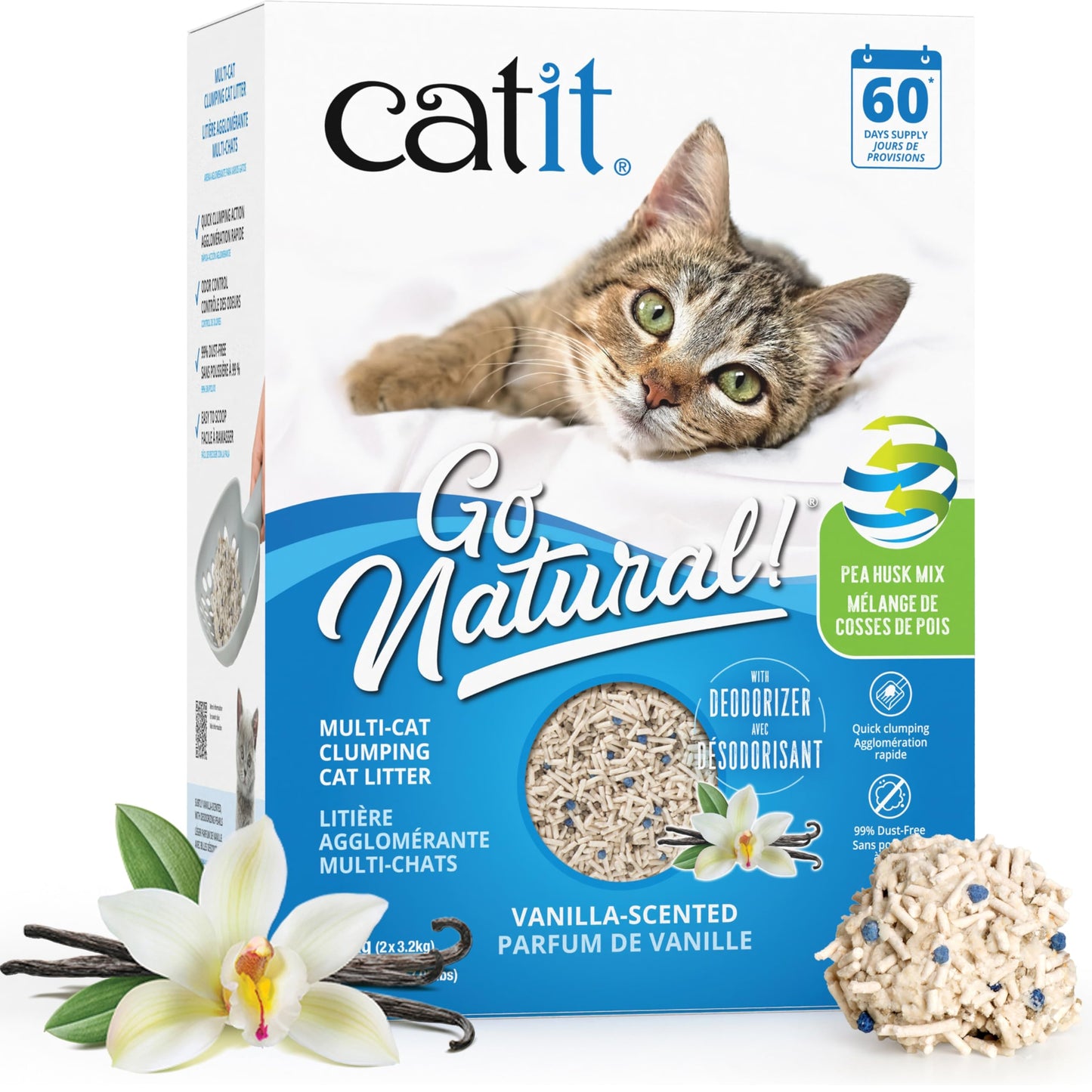 Catit Go Natural Pea Husk Multi-Cat Clumping Cat Litter, Vanilla, 6.4 kg, Dust Free & Lightweight Cat Litter, Cat Liter, Cat Litter Clumping, Bentonite Clay