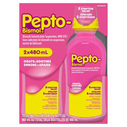 Pepto Bismol Liquid, Upset Stomach Relief, Diarrhea Relief, Heartburn, Nausea, Indigestion, Upset Stomach, Original Flavor, Pack of 2, 480mL each - Available at All In One Marketplace Canada