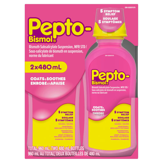 Pepto Bismol Liquid, Upset Stomach Relief, Diarrhea Relief, Heartburn, Nausea, Indigestion, Upset Stomach, Original Flavor, Pack of 2, 480mL each - Available at All In One Marketplace Canada
