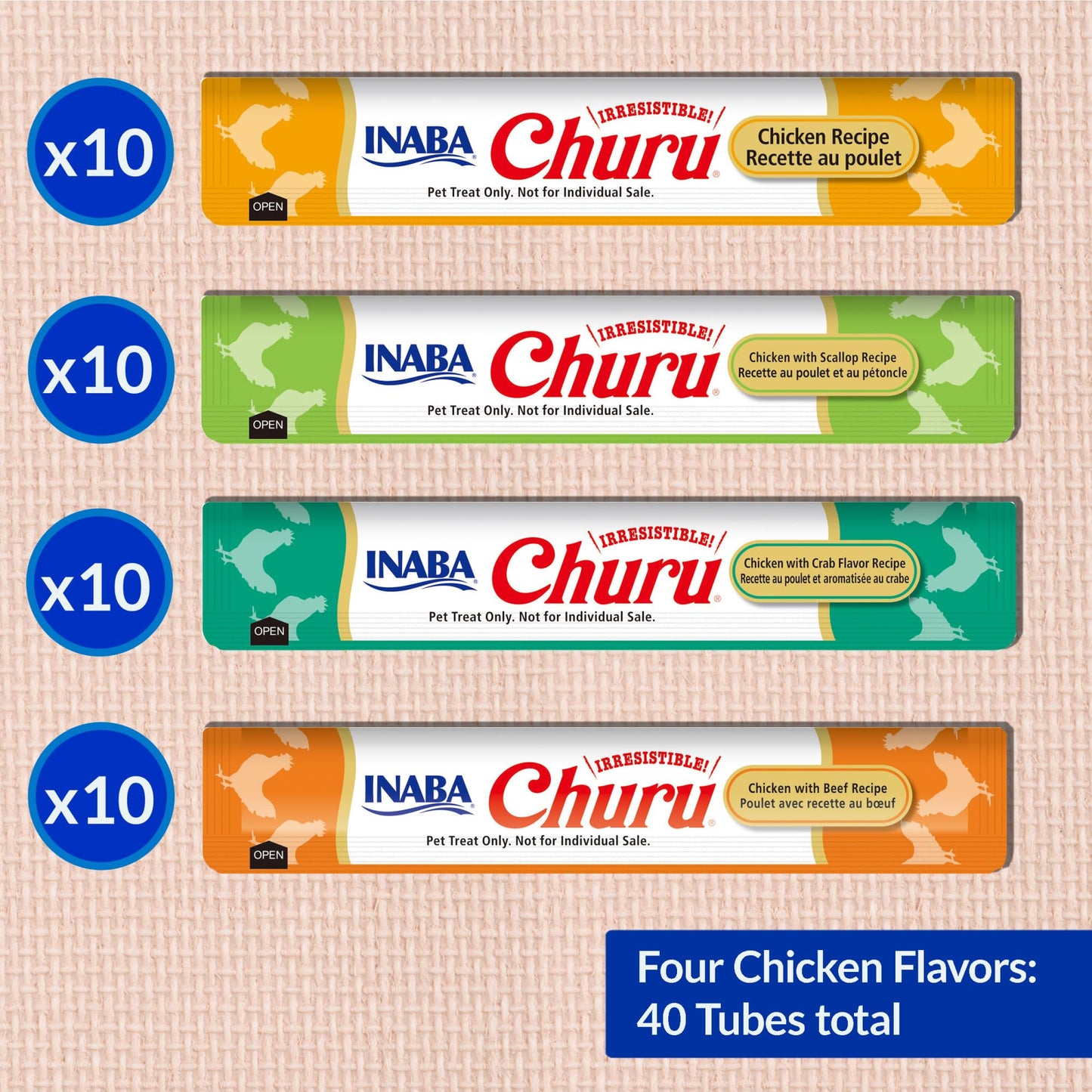 INABA Churu Friandises pour chats, Purée crémeuse à lécher et à presser, avec extrait de thé vert et taurine, 14 grammes par tube, 40 tubes, Boîte assortiment Poulet
