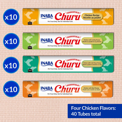 INABA Churu Friandises pour chats, Purée crémeuse à lécher et à presser, avec extrait de thé vert et taurine, 14 grammes par tube, 40 tubes, Boîte assortiment Poulet
