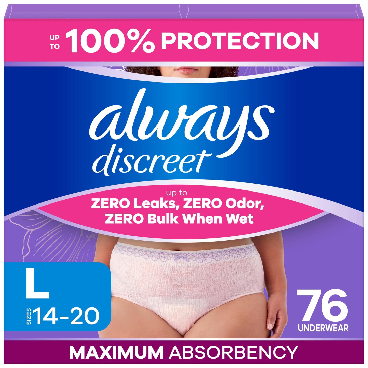Always Discreet, Adult Diapers for Women, Maximum Incontinence and Postpartum Underwear L, 76 Count Always Discreet