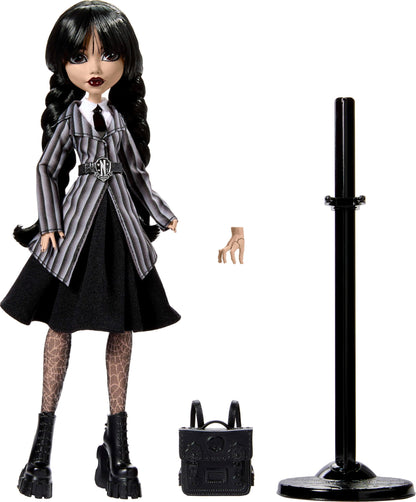 Monster High Wednesday Doll and Accessories, Wednesday Addams Collectible in Nevermore Academy Uniform with Thing and Backpack, Doll Stand Monster High