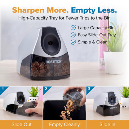 Bostitch Office Personal Electric Pencil Sharpener, Powerful Stall-Free Motor, High Capacity Shavings Tray, Black (EPS4-BLKSLV) - Available at All In One Marketplace Canada