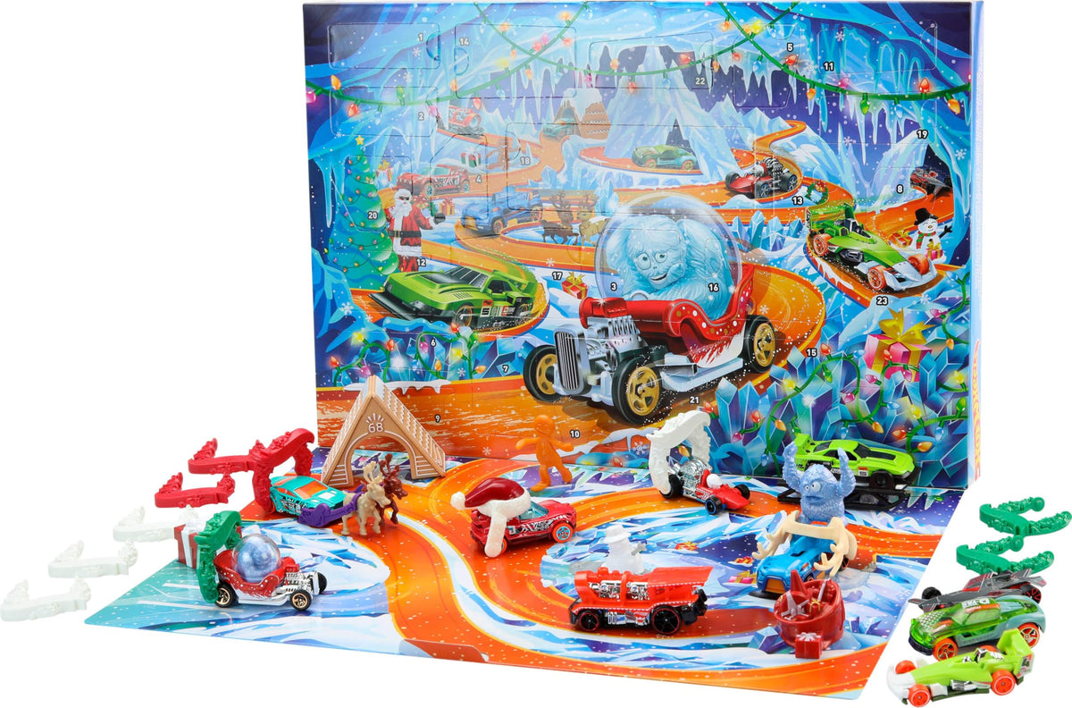 Hot Wheels Toy Cars & Playset, 2026 Advent Calendar with 10 Vehicles in 1:64 Scale, 14 Winter-Themed Accessories & 10 Ornament Clips