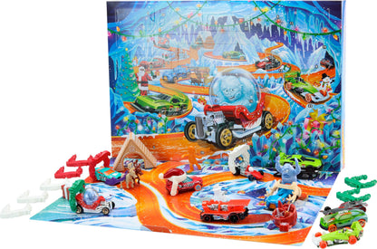 Hot Wheels Toy Cars & Playset, 2026 Advent Calendar with 10 Vehicles in 1:64 Scale, 14 Winter-Themed Accessories & 10 Ornament Clips