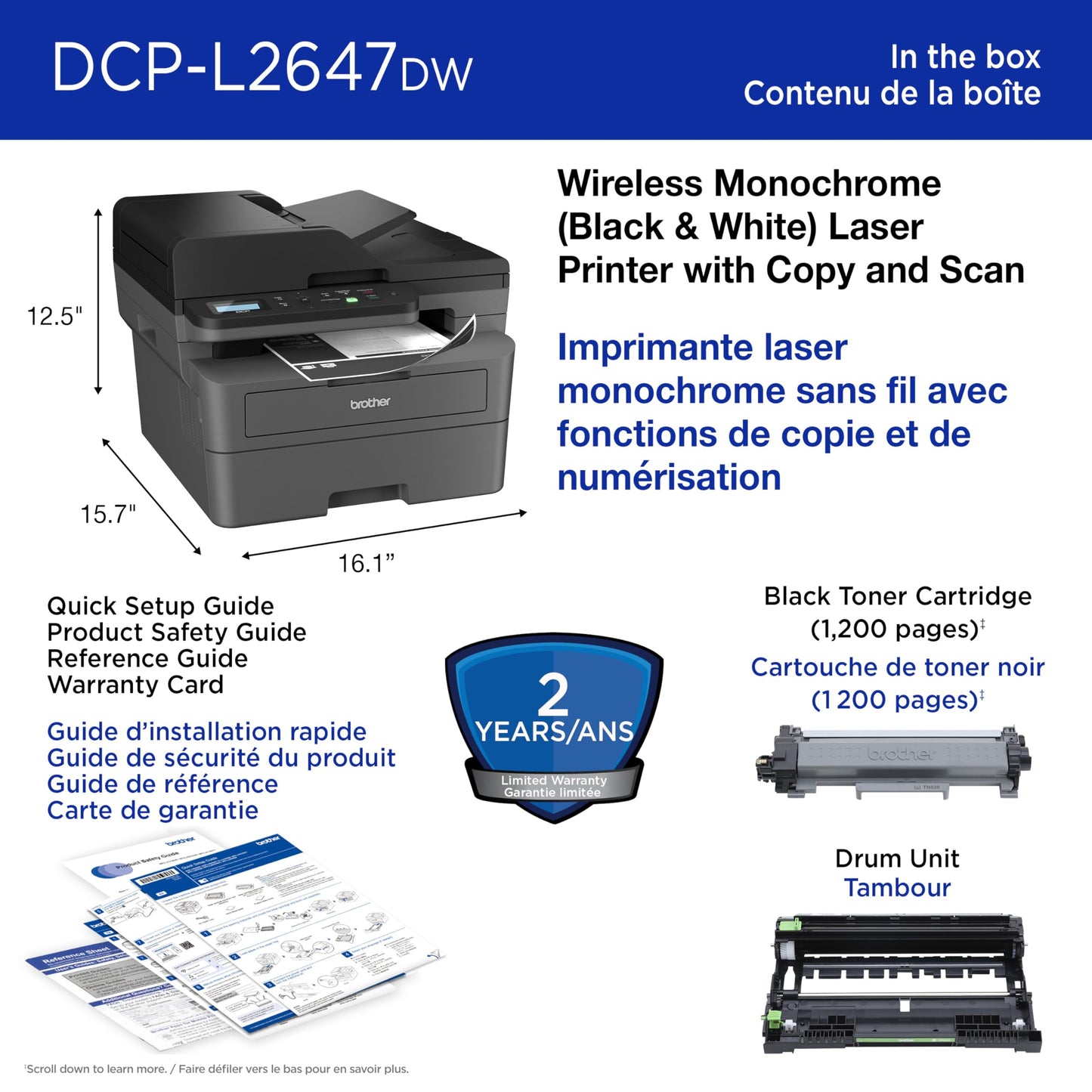 Brother DCP-L2647DW Compact Wireless Monochrome Laser Printer with Scanner, 250-Sheet PaperTray