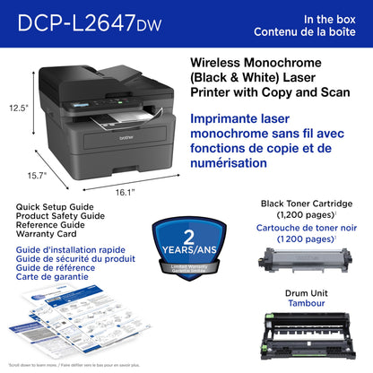 Brother DCP-L2647DW Compact Wireless Monochrome Laser Printer with Scanner, 250-Sheet PaperTray