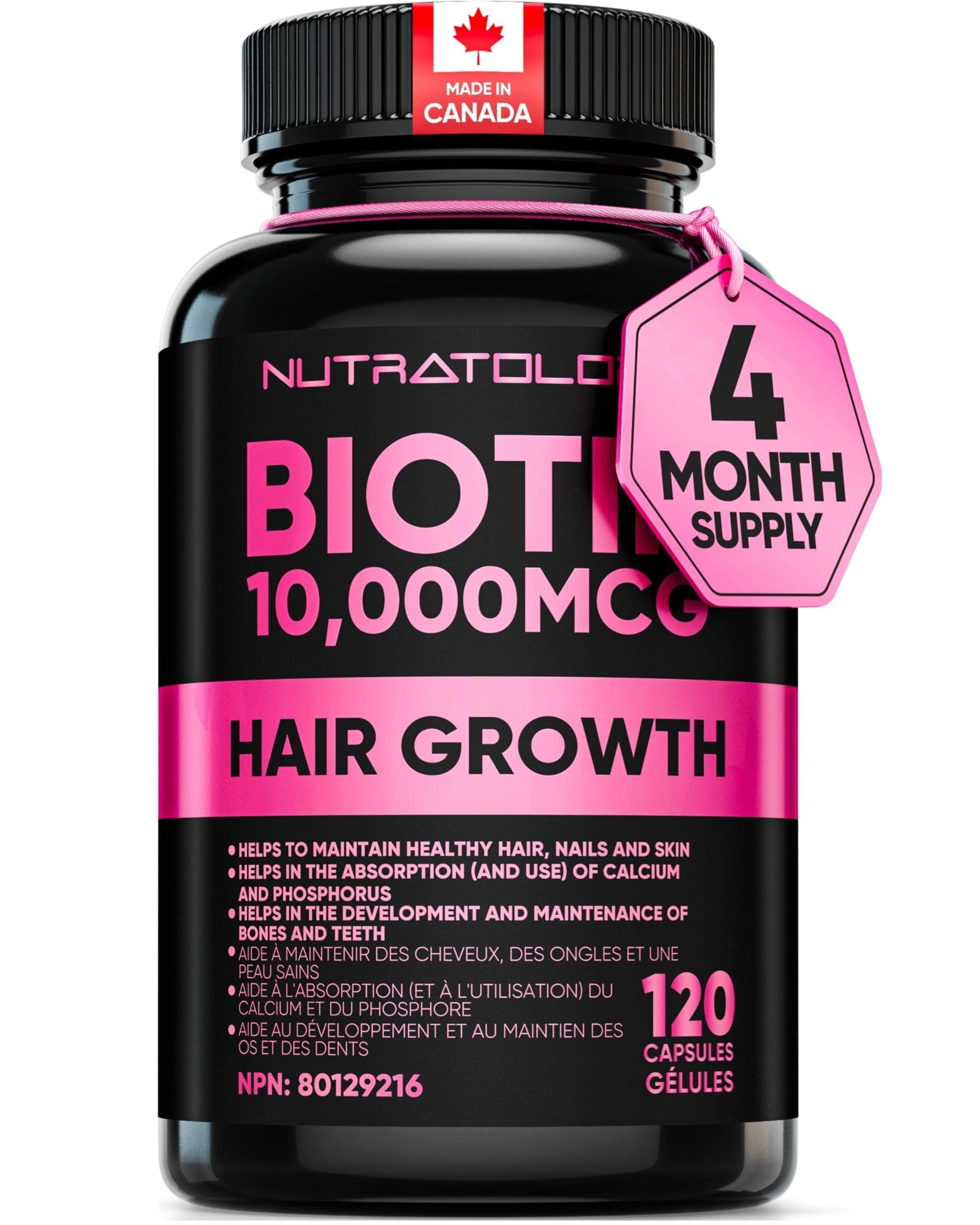 Biotin 10000MCG Hair Vitamins For Hair Growth Women | Canadian-Made | Promotes Healthy Skin & Nail Growth - Supports Muscle Function - Biotin Supplement - Hair Growth Products for Women - 120 capsules - Available at All In One Marketplace Canada