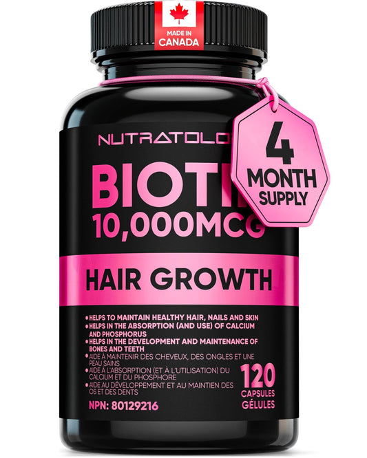 Biotin 10000MCG Hair Vitamins For Hair Growth Women | Canadian-Made | Promotes Healthy Skin & Nail Growth - Supports Muscle Function - Biotin Supplement - Hair Growth Products for Women - 120 capsules - Available at All In One Marketplace Canada
