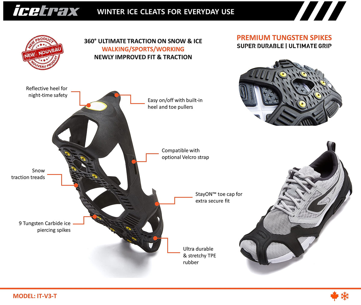 ICETRAX V3 Tungsten Winter Ice Grips for Shoes and Boots - Ice Cleats for Snow and Ice, StayON Toe, Reflective Heel S/M (Men: 5-9 / Women: 6.5-10.5) 🍁 All In One Marketplace Canada