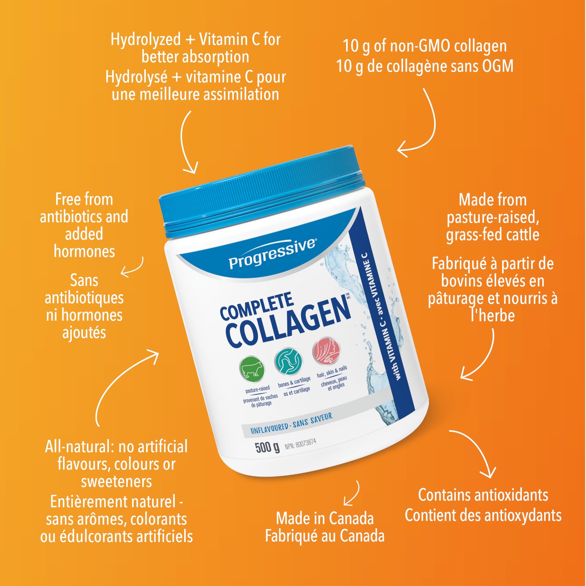 Progressive Complete Collagen Unflavoured, Canadian-Made, for Healthier Hair, Skin, Nails and Joints. Grass-Fed Non-GMO with Antioxidants, Hydrolyzed with Vitamin C for Best Absorption, 500 g Progressive