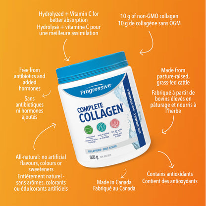 Progressive Complete Collagen Unflavoured, Canadian-Made, for Healthier Hair, Skin, Nails and Joints. Grass-Fed Non-GMO with Antioxidants, Hydrolyzed with Vitamin C for Best Absorption, 500 g Progressive