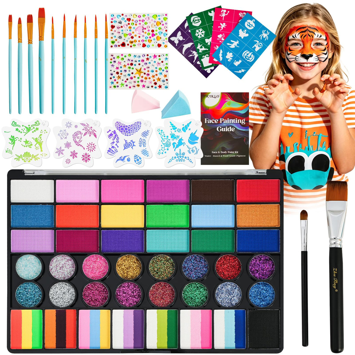 42 Colors Face Painting Kit for Kids，Professional Face Paint Makeup Kit Non-Toxic Water Activated Facepaint Palette with Brush, Stencil, Sponge, Gem, for Party Halloween Christmas 🍁 All In One Marketplace Canada