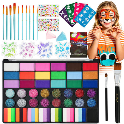 42 Colors Face Painting Kit for Kids，Professional Face Paint Makeup Kit Non-Toxic Water Activated Facepaint Palette with Brush, Stencil, Sponge, Gem, for Party Halloween Christmas 🍁 All In One Marketplace Canada
