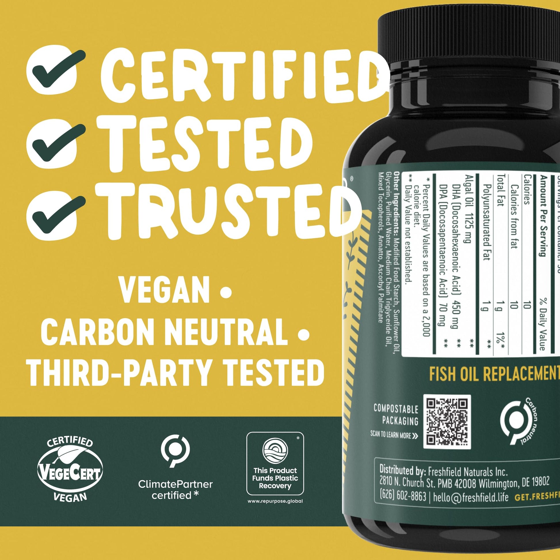 Freshfield Vegan Omega 3, Algae (Algal) Oil, Fish Oil Free Company, Third Party Tested, Carrageenan Free, DHA Supplement w/DPA, Plant Based Omega. Supports Heart, Brain, Joint Health - Available at All In One Marketplace Canada