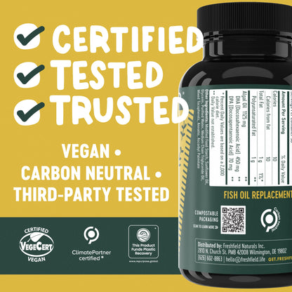 Freshfield Vegan Omega 3, Algae (Algal) Oil, Fish Oil Free Company, Third Party Tested, Carrageenan Free, DHA Supplement w/DPA, Plant Based Omega. Supports Heart, Brain, Joint Health - Available at All In One Marketplace Canada