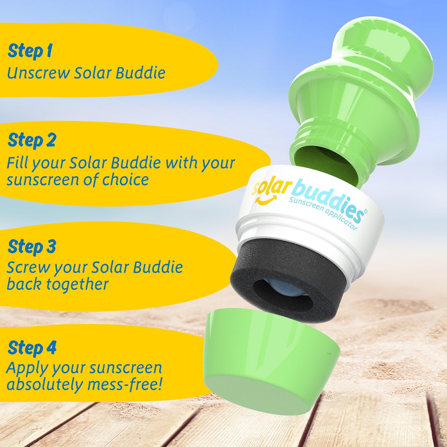 Solar Buddies Sunscreen Applicator - Single Full Green - Refillable Roll on Sponge Sunscreen, Suncream & Lotion Applicator For Kids, Adults & Families - Holds 3.4fl oz, Perfect Size for Travel