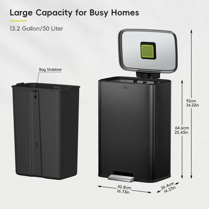EKO Madison Matte Black 50 Liter/13.2 Gallon Step Trash Can with Inner Liner - Fingerprint Resistant Finish EKO
